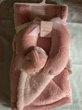 Warm & Cozy Elephant Embossed Mauve Pink Baby Blanket & Neck Pillow Set NWT